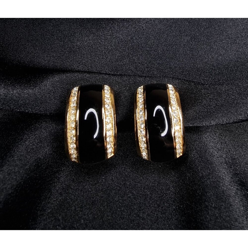 Vintage Christian Dior 1990s Black & Gold Clip-On Earrings With Rhinestone - Picture 3 of 7